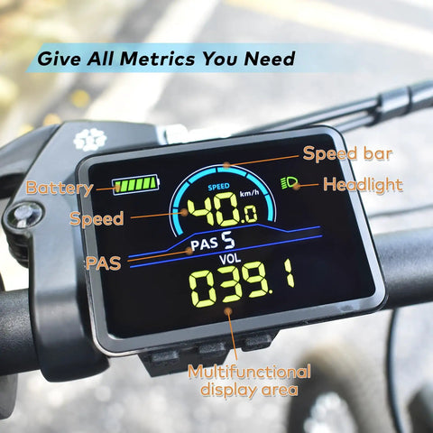 Powerful Ebike Display With UART No 2 Protocol 24V-60V LCD Colorful Left-Side Cycling Computer For Real Time Speed Distance Battery And Ride Data P5C 5-Pin Connector ABS Housing Slick Easy Install