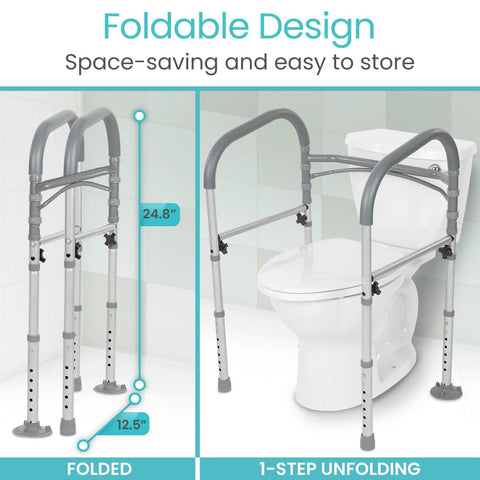 Heavy Duty Folding Toilet Safety Rail Rust Proof Bathroom Assist Bar For Seniors And Weak Knees Fsa Hsa Approved with foldable design.