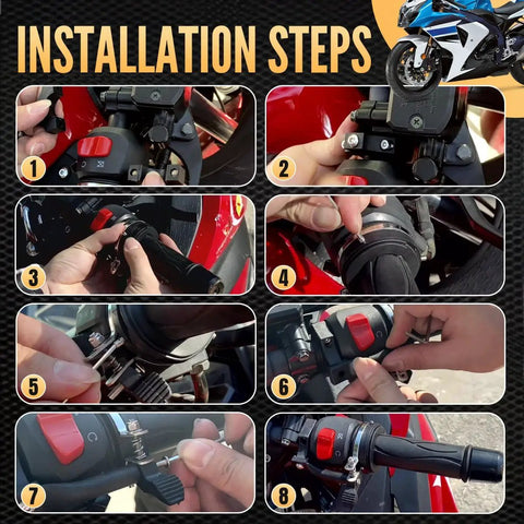 Installation steps for Universal Cruise Control Throttle Lock for Motorcycles on handlebar grip, showing various stages.