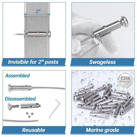 Invisible Cable Railing Kit With Swageless Tensioner And Terminal Round Head, Completely Hidden For 2x2 Metal Post Deck And Stairs, 20 Pairs Of One Eighth Inch Cables, MetalBright System CB07 CV2 CL1 Compatible shown with components and assembly details.