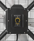 Variable speed dial and power cord of the 6 foot industrial mobile floor fan for cooling in sleek black.