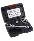 Ratchet Spanner Set With Multitool Keys For Quick Car Repairs in open black case, includes various wrenches and sockets.