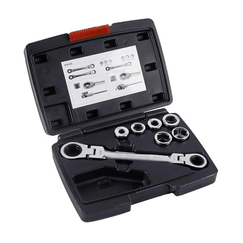 Ratchet Spanner Set With Multitool Keys For Quick Car Repairs in open black case, includes various wrenches and sockets.