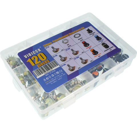 Roller Linear Potentiometer Kit With 120 Pcs Including WH148 B5K 10K 20K 50K 100K Ohm Variants And Five Knob Repair Kits in case