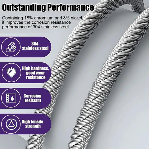 Close-up of 3/8 Inch Stainless Steel Cable 25 Ft Wire Rope 7x19 Zip Line Cable showing performance benefits and material composition.