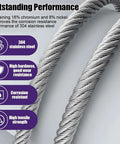 Heavy Duty Three Eighths Inch Stainless Steel Wire Rope Kit 75 Ft With Clamps And Thimbles 7x19 Strands 12,000 Lbs Breaking Strength features