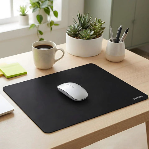 Black Square Mouse Pad with Non Slip Rubber Base Smooth Polyester Surface for Office Work Gaming Minimalist Desk Accessory on desk