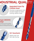Cross-Tip Carbide Masonry Drill Bit Set, highlighting upgraded carbide head, groove design, and 1/4 inch hex shank features.
