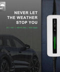 Plug And Play Level One Ev Charger Portable Charging Cable With Twenty Foot Cord showing charging green light by a vehicle.