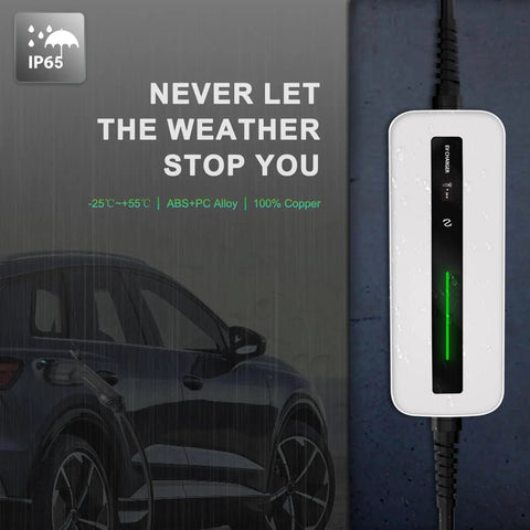 Plug And Play Level One Ev Charger Portable Charging Cable With Twenty Foot Cord showing charging green light by a vehicle.