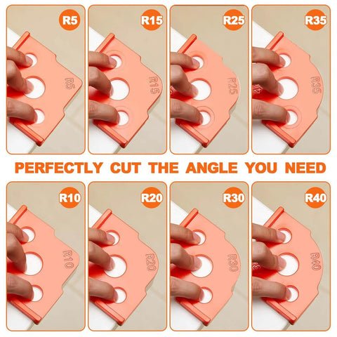 Four Pack Router Corner Radius Templates Set With ABS Hard Jig Guides For Woodworking, Includes Radii R5 R10 R15 R20 R25 R30 R35 R40, Orange Finish, Durable Routing Bits For Clean No Sweat Perfect Rounded Corners Every Time