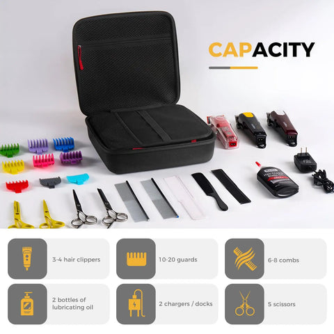 Open Hard Shell Barber Travel Case For Clippers And Grooming Gear, Adjustable DIY Dividers To Fit 3 To 4 Clipper Sets displayed with tools