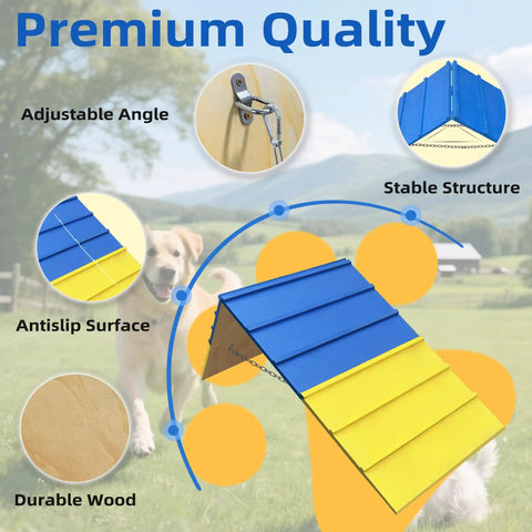 Dog Agility A Frame For Large Dogs 82 By 23 Inches Adjustable Foldable Training Ramp with blue and yellow panels.