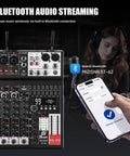 Four Channel Audio Mixer With Dual Microphones, Pro 99DSP Sound Console For DJs, showing Bluetooth connection on phone