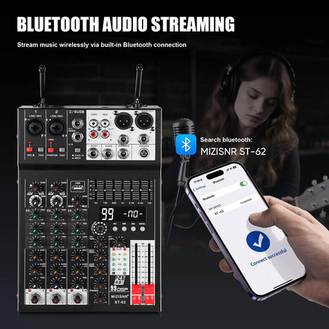 Four Channel Audio Mixer With Dual Microphones, Pro 99DSP Sound Console For DJs, showing Bluetooth connection on phone