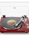 Cool Red Belt Drive Turntable For Vinyl Records With Bluetooth Output Connection compatible with speakers and headphones, playing vinyl.