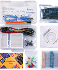 Rad Uno R3 Compatible Electronics Kit For Arduino IDE Beginners with breadboard, jumper wires, LED modules, and manual.
