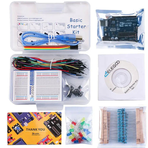 Rad Uno R3 Compatible Electronics Kit For Arduino IDE Beginners with breadboard, jumper wires, LED modules, and manual.