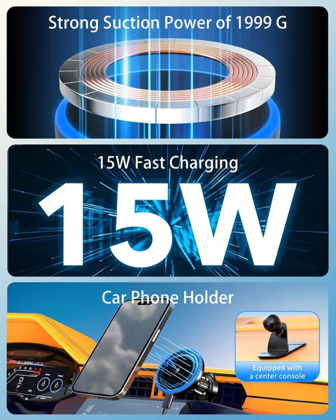 3 In 1 Wireless Car Mount Charger With RGB LED Handsfree Magnetic Phone Holder, fast charging feature highlighted
