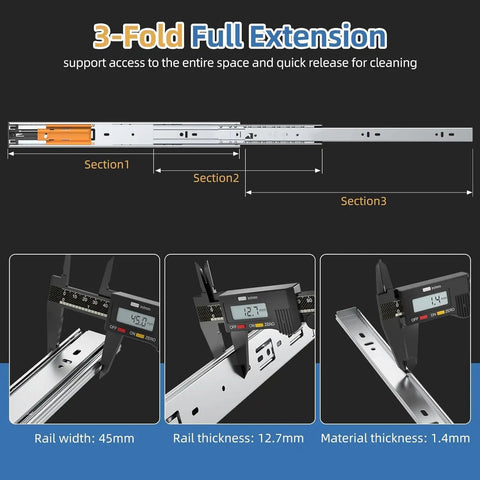 Pro Grade 16 Inch Soft Close Drawer Slides 5 Pair Full Extension showing measurements and features of heavy-duty steel rails.