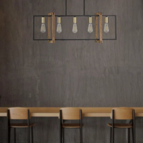 Farmhouse Rustic Five Light Gold Chandelier For Kitchen Island And Dining Room, hand-painted rubber wood lantern in dining area