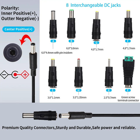 Universal 15V 1.5A Power Adapter With Interchangeable DC Plugs No Fuss 100-240V Input 5.5x2.5mm Output Jack diagram