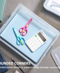 Stackable Plastic Storage Bins With Lids Four Pack 10 Quart Clip Boxes For Crafts School Projects Office Supplies And Home Organization BPA Free Durable And Stack Neatly In Cabinets Desks Or Workstations holding scissors and calculator