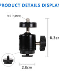 Hot Shoe Mount Adapter With 360 Degree Swivel Mini Ball Head And 1/4 Inch Screw dimensions display