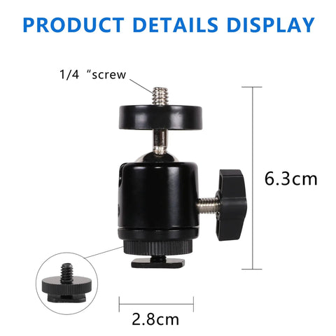 Hot Shoe Mount Adapter With 360 Degree Swivel Mini Ball Head And 1/4 Inch Screw dimensions display