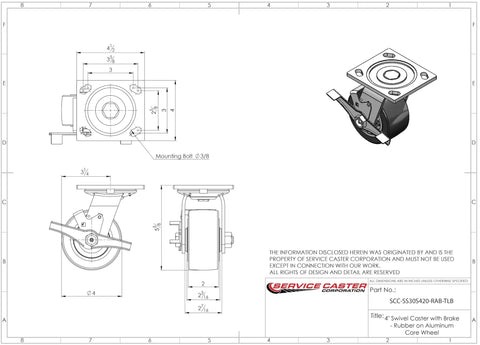 Heavy Duty Stainless Steel Swivel Casters Set Of 4 With 4 Inch Rubber On Aluminum Wheels, detailed technical drawing.