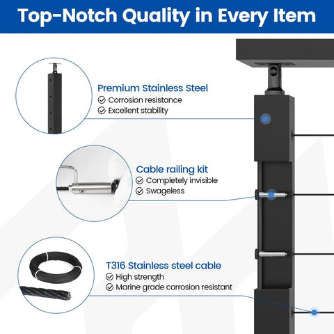 Modern Modular Cable Railing Kit For Decks And Patios, 36 Inch Surface Mount Balustrade detailed components including posts and cables.