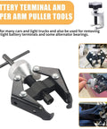 Close-up of Battery Terminal And Wiper Arm Puller Tool, Heavy Duty Post Clamp Removal Device with spline fit bearing remover.