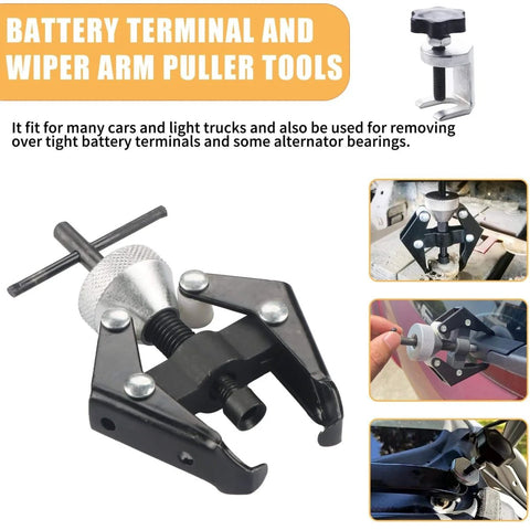 Close-up of Battery Terminal And Wiper Arm Puller Tool, Heavy Duty Post Clamp Removal Device with spline fit bearing remover.