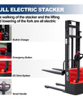 Heavy Duty Full Electric Pallet Stacker With 3300 Lb Load Capacity And 118 Inch Lift Height showing built-in charger, emergency button, and smart handle.