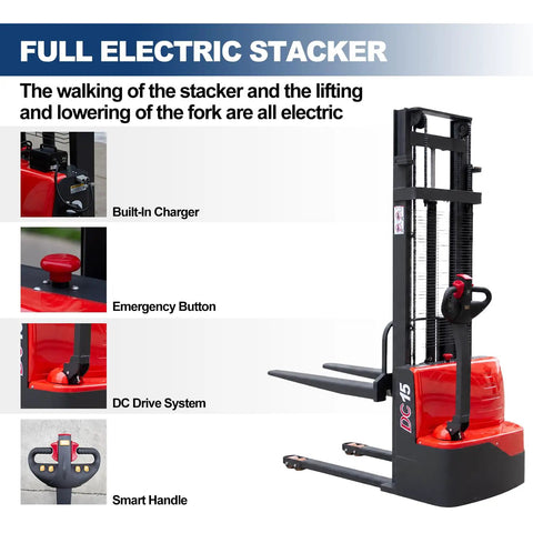 Heavy Duty Full Electric Pallet Stacker With 3300 Lb Load Capacity And 118 Inch Lift Height showing built-in charger, emergency button, and smart handle.