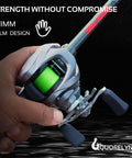 Quorelynx DC baitcasting reel, left-handed retrieve, ultralight 4.8oz with green line