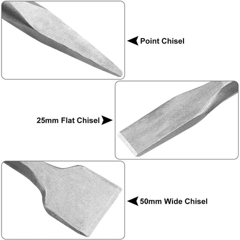 Six-piece SDS Max masonry chisel set, 11-inch bits; includes 50mm wide, 25mm flat, and point chisels (tip views).