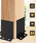 Four Pack Post Anchor Base Set Black Powder Coated Deck Post Brackets Built To Last Heavy Duty Wood Posts For Pergola Railing Deck Or Mailbox Fits 4x4 6x6 8x8 With Adjustable Half Column Base, installed view on wood post with benefits icons.