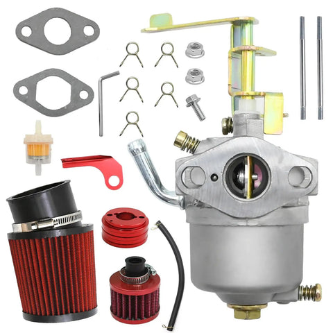 Carburetor Tune Up Kit Replacement For Coleman CT100U CC100X SK100 Mini Bike Go Kart Predator 79cc 97cc 3HP Gas Engines Powermate Edger 152F 154F 156F Red Pro Grade DIY Friendly, showing carburetor, filters, and gaskets.