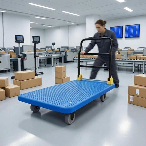 Heavy Duty Flatbed Trolley Cart With Foldable Handle Perforated Deck And Quiet 6 Inch Wheels With Brakes Black For Moving Bulk Items And Heavy Gear Safely in warehouse