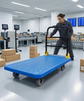 Heavy Duty Folding Flatbed Cart With Perforated Deck, 6-Inch Quiet Wheels And Brakes, Sturdy Hand Truck Trolley For Warehouse, Garage Or Home Use, Red Finish, Foldable Handle For Easy Storage And Smooth Rolling blue perforated deck in warehouse