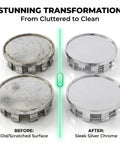 Comparison of old scratched hub caps and sleek silver wheel hub center caps featuring snap in tight fit abs hub covers.