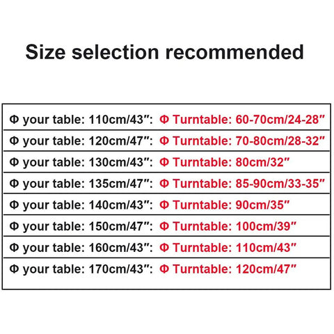 Size selection chart for Large Lazy Susan Turntable For Dining Table And Kitchen With Tempered Glass Surface 360 Degree Swivel.