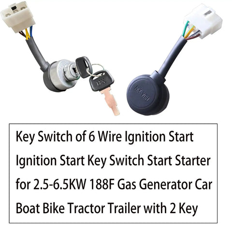 Key switch of Six Wire Ignition Key Switch For 2.5 To 6.5KW 188F Gas Generators with two keys and six-wire harness.