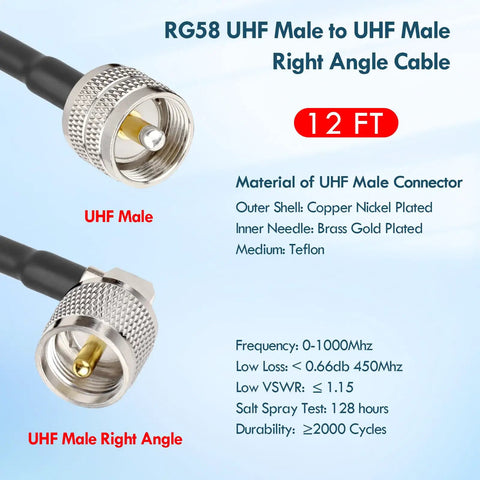Low Loss RG58 Coax Cable With Right Angle PL259 Male To Male For CB Radio And HAM Gear 12 Ft Antenna Jumper details