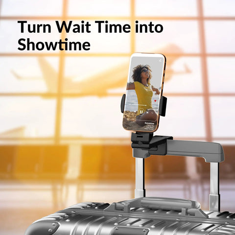 Universal In Flight Phone Holder Mount on suitcase handle for hands-free viewing at airport, 360 degree rotation visible.
