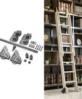 Sliding Barn Door Hardware Kit With Library Ladder System next to installed library ladder on bookshelves