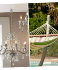 Image of a beautiful chandelier and a colorful hammock, showcasing decorative and leisure items for home use.