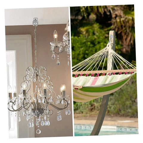 Image of a beautiful chandelier and a colorful hammock, showcasing decorative and leisure items for home use.