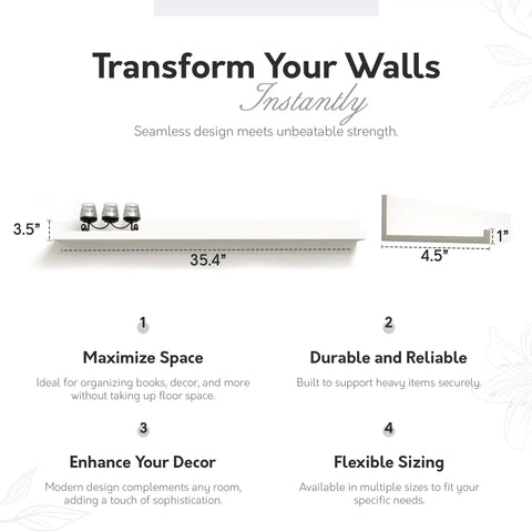 White Floating Wall Shelf With Picture Ledge Easy To Install No Fuss To Remove Modern MDF Shelves With Hidden Brackets Wall Mount Storage 4.5 Inch Deep 35.4 Inch Wide 3.5 Inch High Clean Contemporary Look, shelf details and features